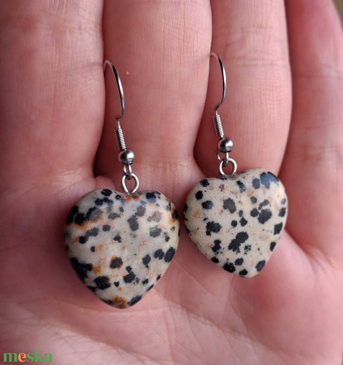 Dalmata jáspis ásvány fülbevaló- szív alakú - ékszer - fülbevaló - lógó fülbevaló - Meska.hu