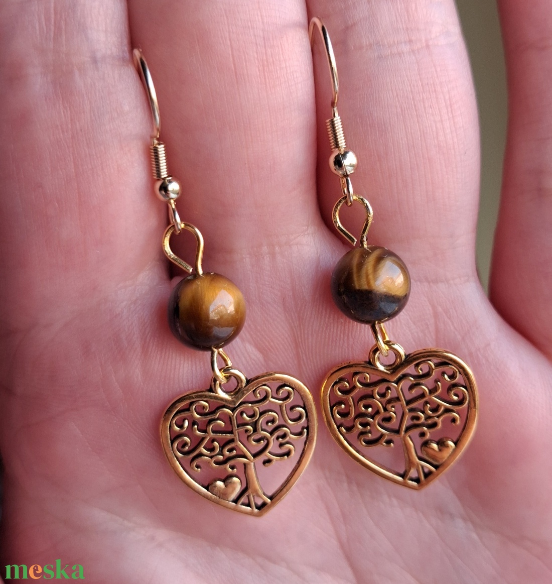 Tigrisszem ásvány fülbevaló életfa dísszel - ékszer - fülbevaló - lógó fülbevaló - Meska.hu