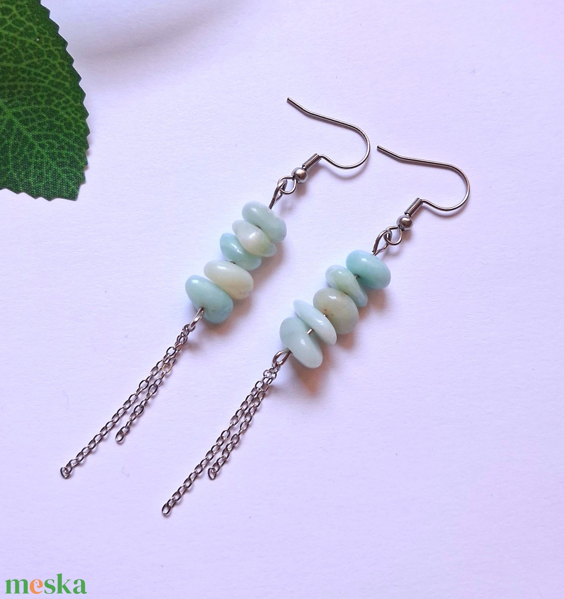 Amazonit chips/splitter láncos ásvány fülbevaló - ékszer - fülbevaló - lógó fülbevaló - Meska.hu