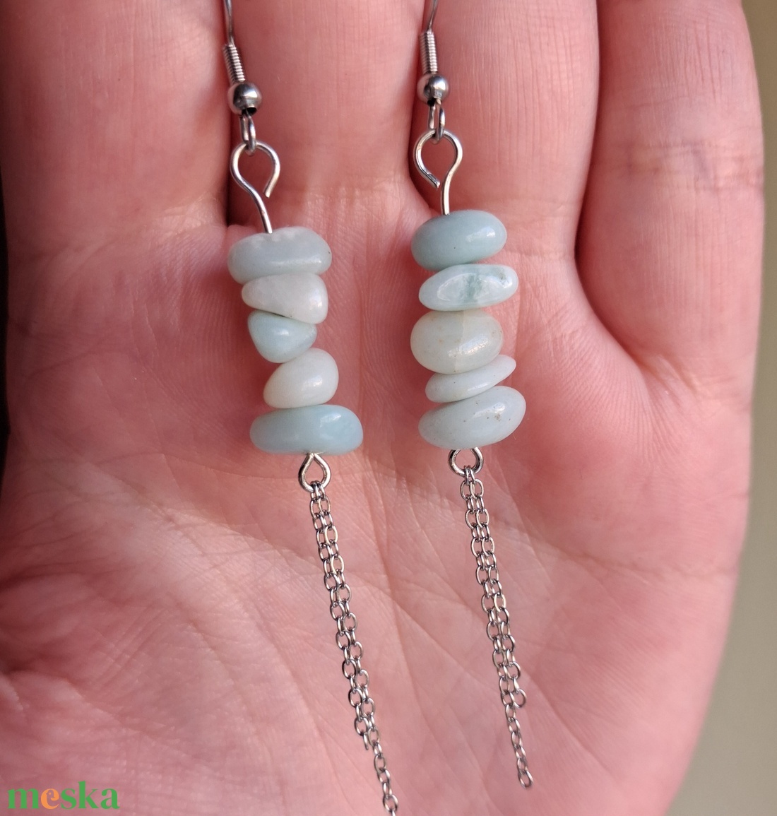 Amazonit chips/splitter láncos ásvány fülbevaló - ékszer - fülbevaló - lógó fülbevaló - Meska.hu