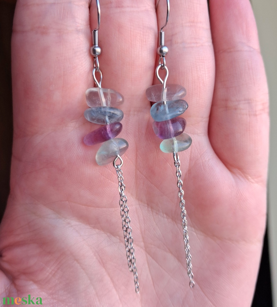 Fluorit chips/splitter láncos ásvány fülbevaló - ékszer - fülbevaló - lógó fülbevaló - Meska.hu