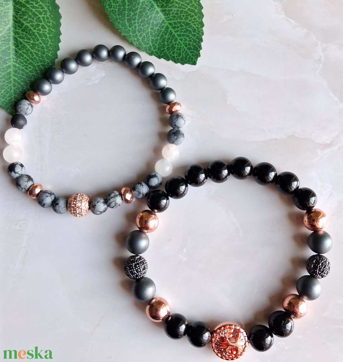 Életfás ásvány karkötő szett rose gold- hematit, ónix, rózsakvarc, hópehely obszidián - ékszer - ékszerszett - Meska.hu