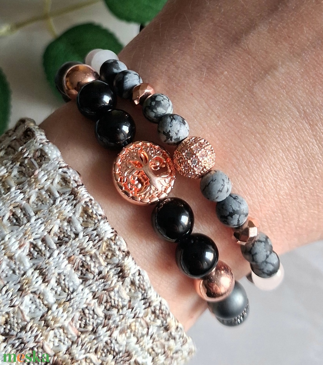 Életfás ásvány karkötő szett rose gold- hematit, ónix, rózsakvarc, hópehely obszidián - ékszer - ékszerszett - Meska.hu