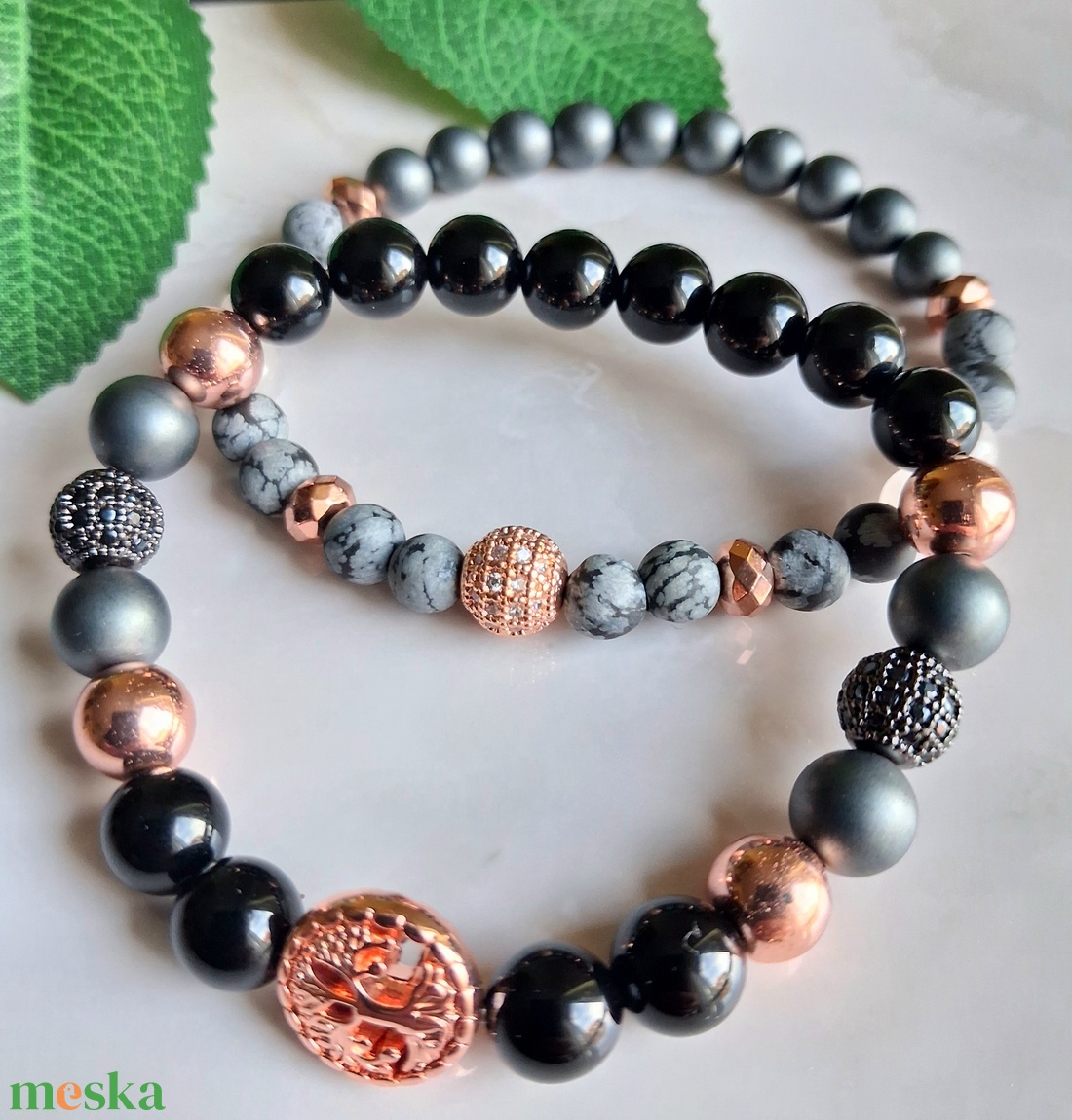 Életfás ásvány karkötő szett rose gold- hematit, ónix, rózsakvarc, hópehely obszidián - ékszer - ékszerszett - Meska.hu