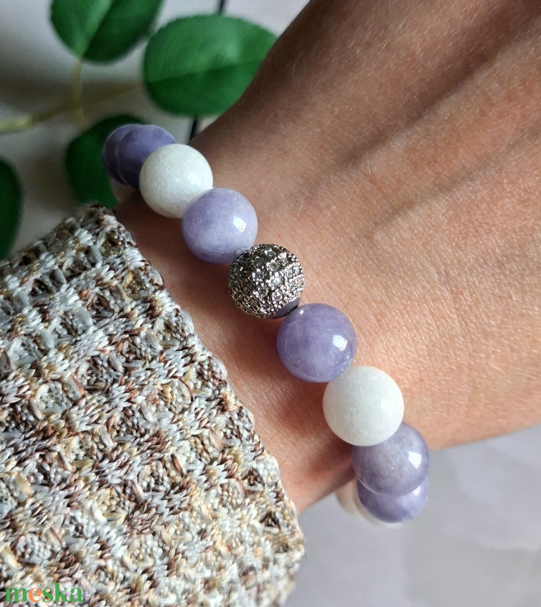 10 mm ásvány karkötő lila akvamarin és hójáde  - ékszer - karkötő - ásványkarkötő - Meska.hu