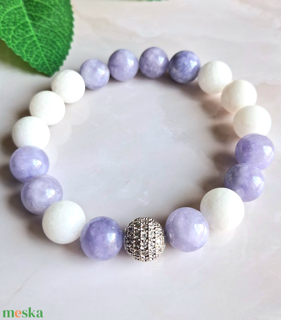 10 mm ásvány karkötő lila akvamarin és hójáde  - ékszer - karkötő - ásványkarkötő - Meska.hu