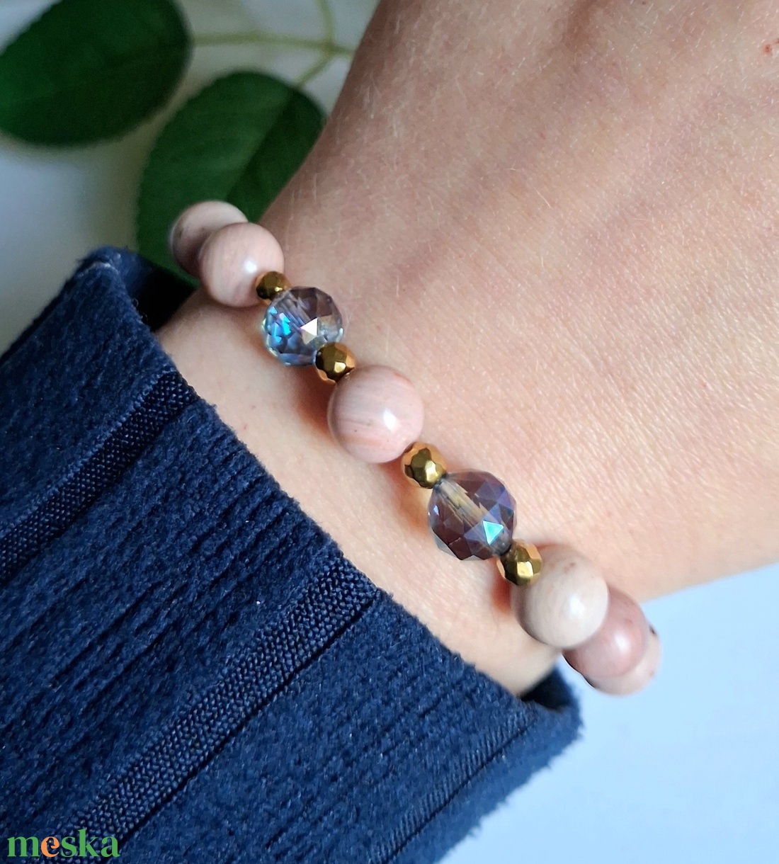 Rodonit tulit és aurakvarc ásvány karkötő hematittal - ékszer - karkötő - ásványkarkötő - Meska.hu