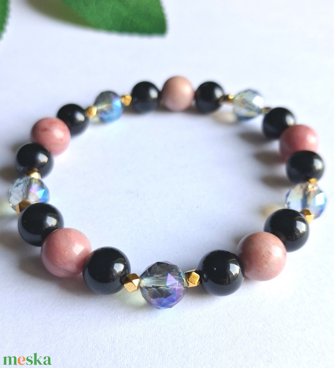 Rodonit tulit, ónix és aurakvarc ásvány karkötő szett hematittal - ékszer - karkötő - ásványkarkötő - Meska.hu