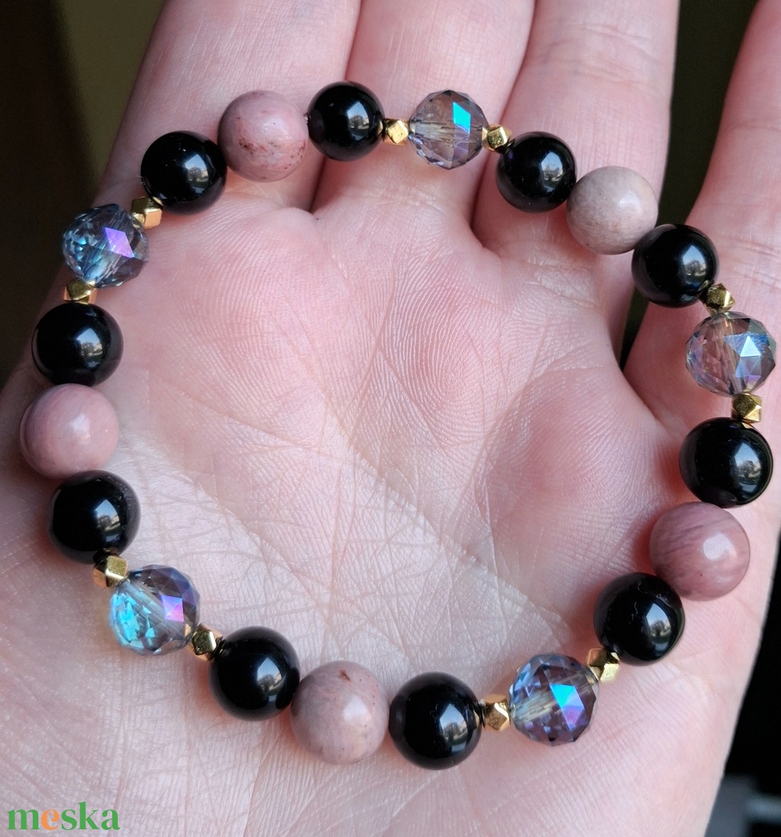 Rodonit tulit, ónix és aurakvarc ásvány karkötő hematittal - ékszer - karkötő - ásványkarkötő - Meska.hu