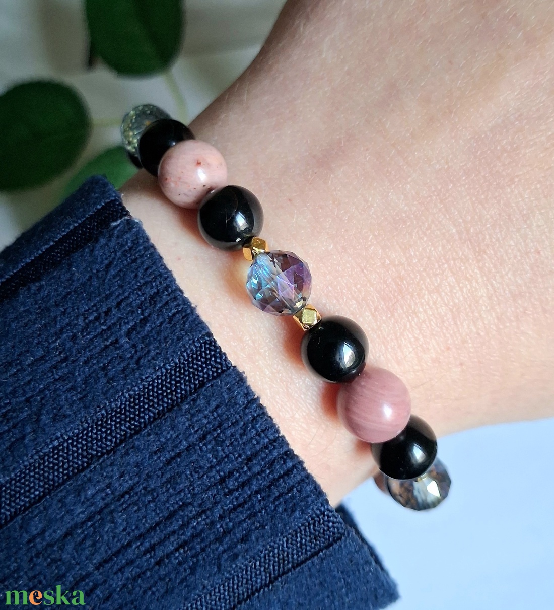 Rodonit tulit, ónix és aurakvarc ásvány karkötő hematittal - ékszer - karkötő - ásványkarkötő - Meska.hu