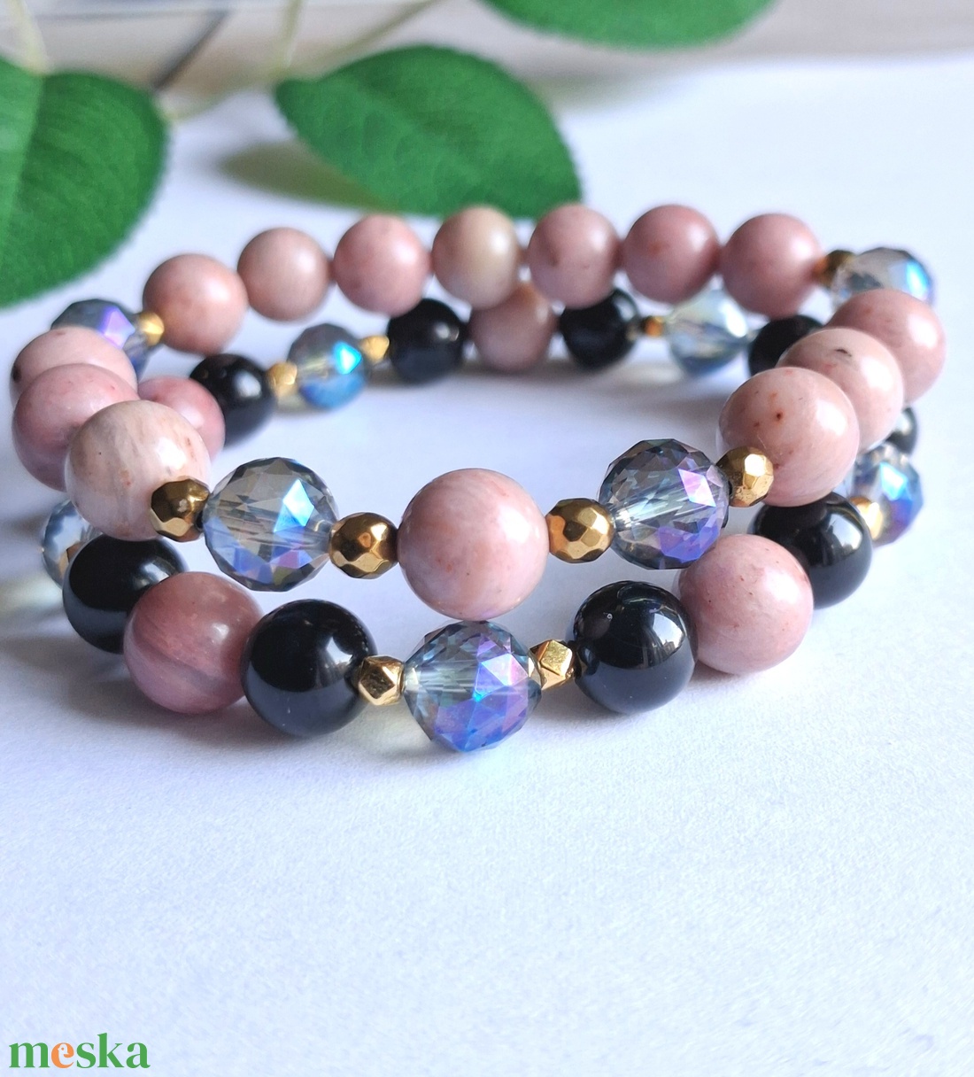 Rodonit tulit, ónix és aurakvarc ásvány karkötő szett hematittal - ékszer - karkötő - ásványkarkötő - Meska.hu