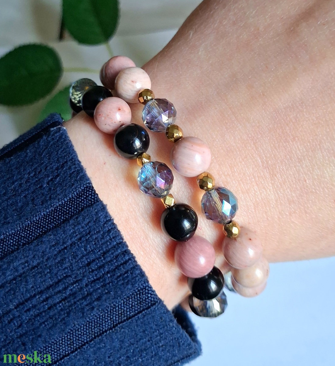 Rodonit tulit, ónix és aurakvarc ásvány karkötő szett hematittal - ékszer - karkötő - ásványkarkötő - Meska.hu