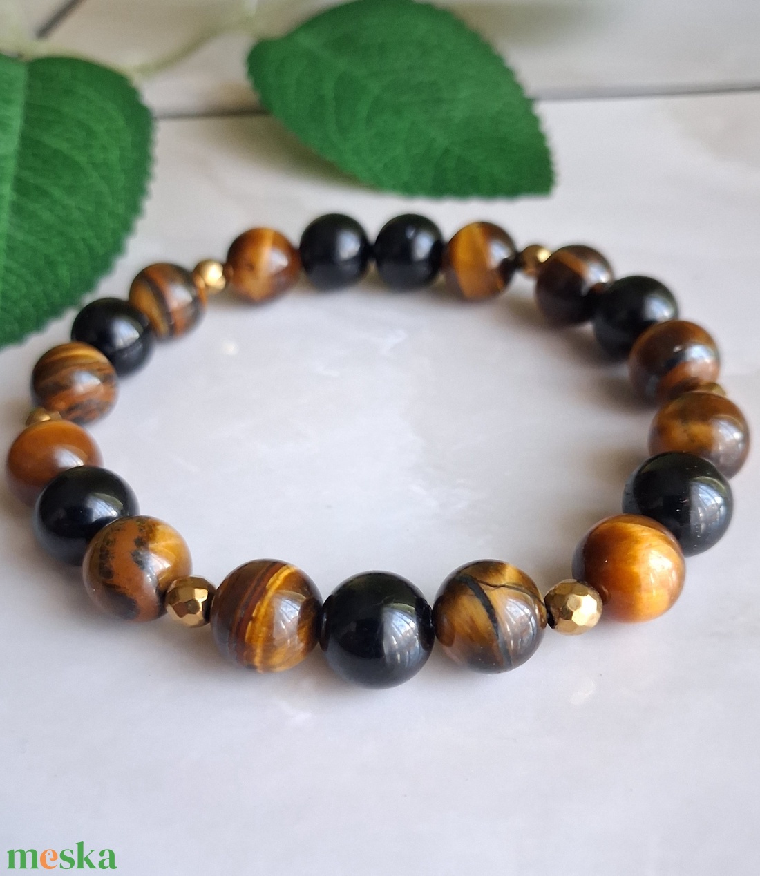 Tigrisszem és fekete turmalin ásvány karkötő hematittal- védelmező karkötő - ékszer - karkötő - ásványkarkötő - Meska.hu