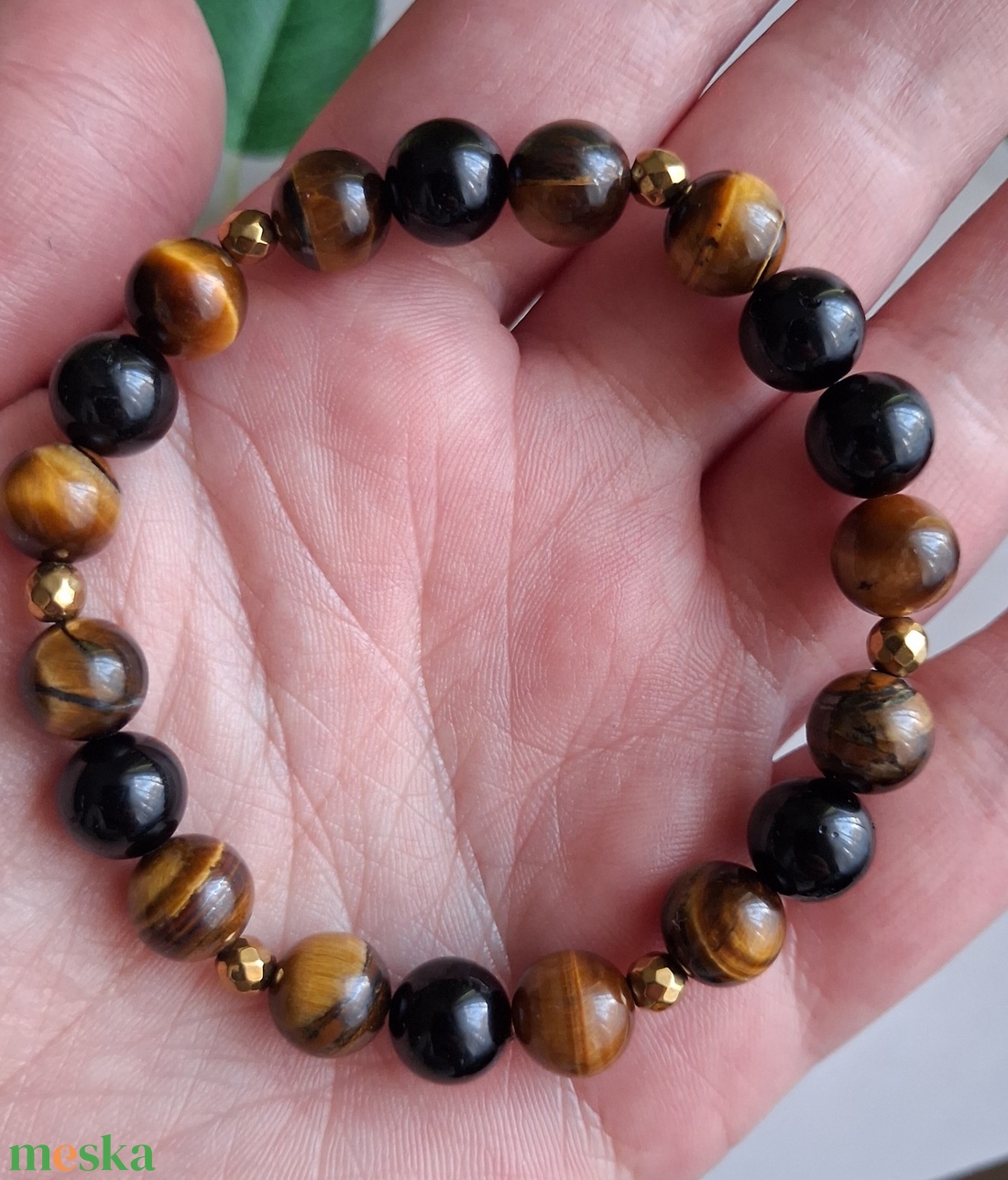 Tigrisszem és fekete turmalin ásvány karkötő hematittal- védelmező karkötő - ékszer - karkötő - ásványkarkötő - Meska.hu