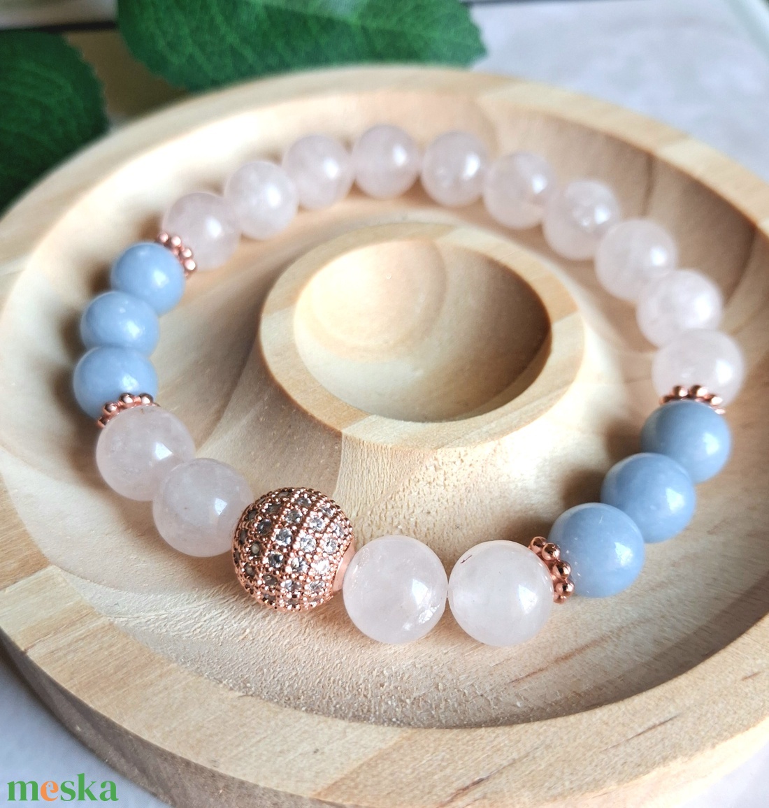 Rózsakvarc és angelit nőies ásvány karkötő rose gold cirkóniás gömbbel - ékszer - karkötő - ásványkarkötő - Meska.hu