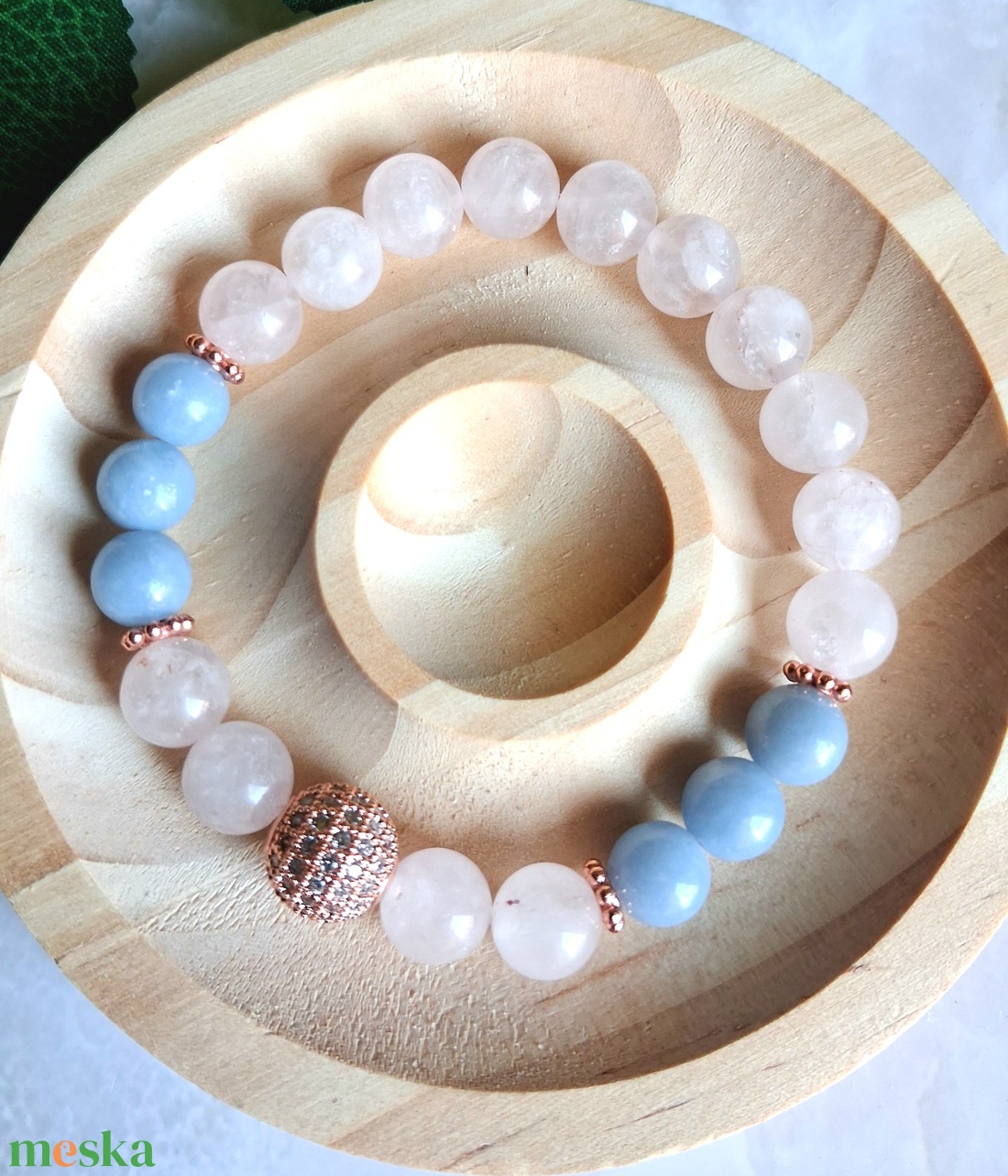 Rózsakvarc és angelit nőies ásvány karkötő rose gold cirkóniás gömbbel - ékszer - karkötő - ásványkarkötő - Meska.hu