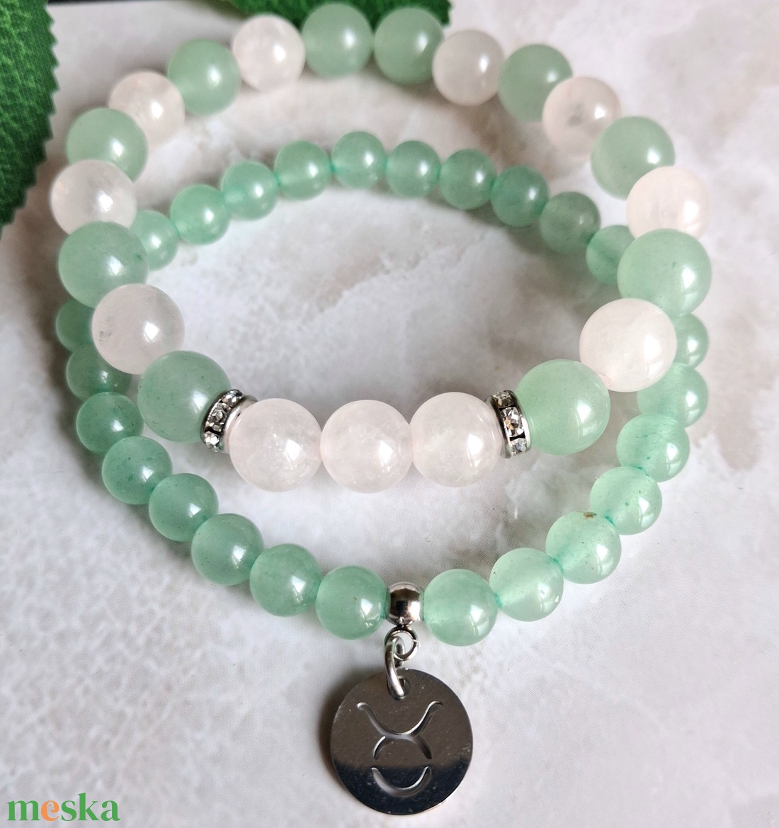 Bika ásvány karkötő szett- zöld aventurin és rózsakvarc - csillagjegyes ékszer - ékszer - karkötő - ásványkarkötő - Meska.hu