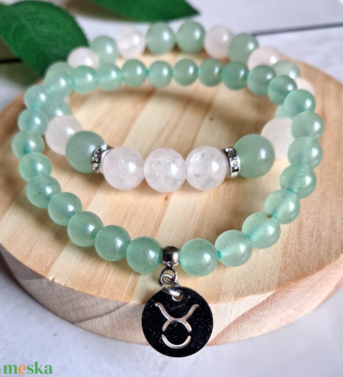 Bika ásvány karkötő szett- zöld aventurin és rózsakvarc - csillagjegyes ékszer - ékszer - karkötő - ásványkarkötő - Meska.hu