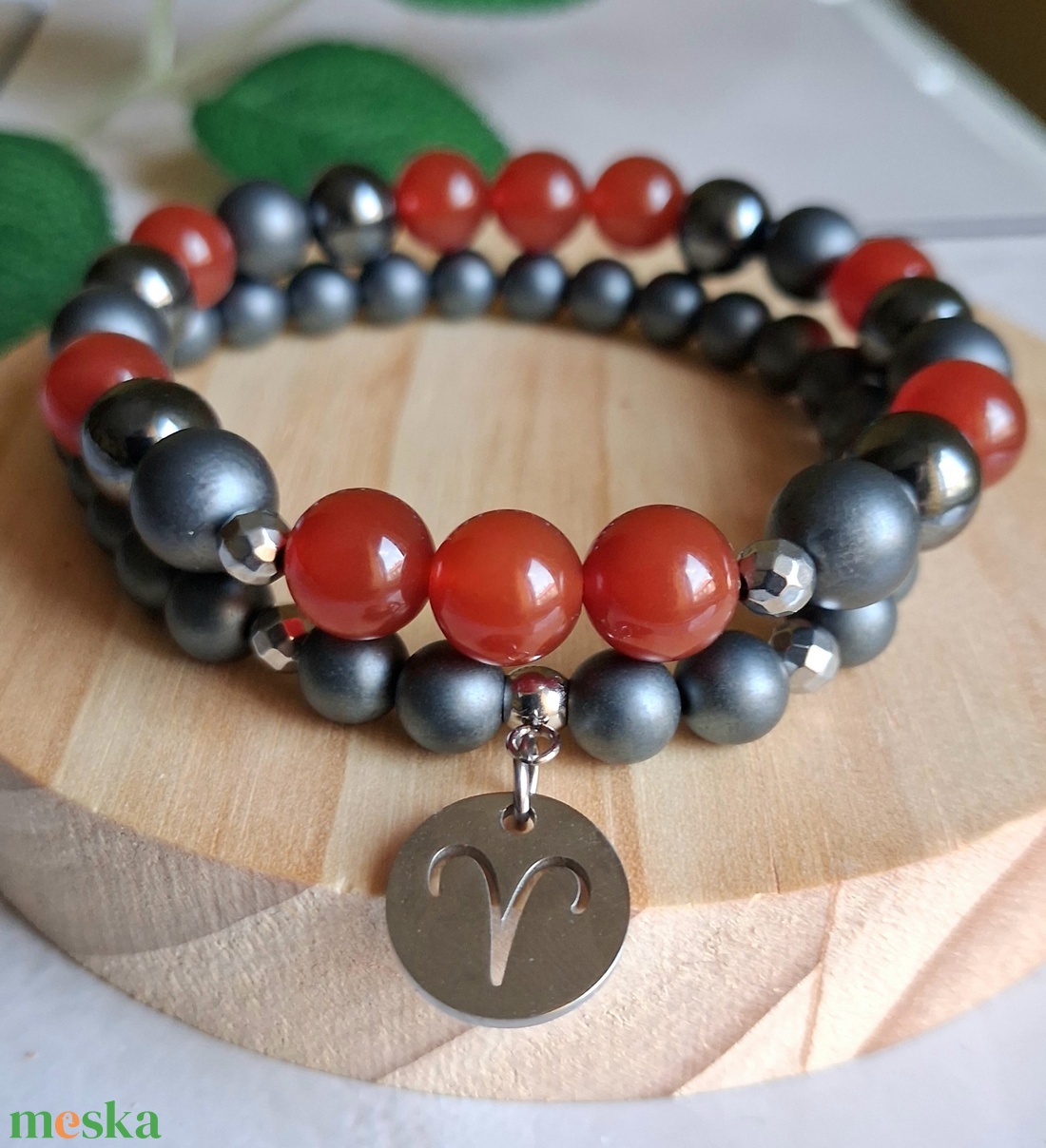 Kos ásvány karkötő szett- vörös karneol, hematit - csillagjegyes ékszer - ékszer - karkötő - ásványkarkötő - Meska.hu