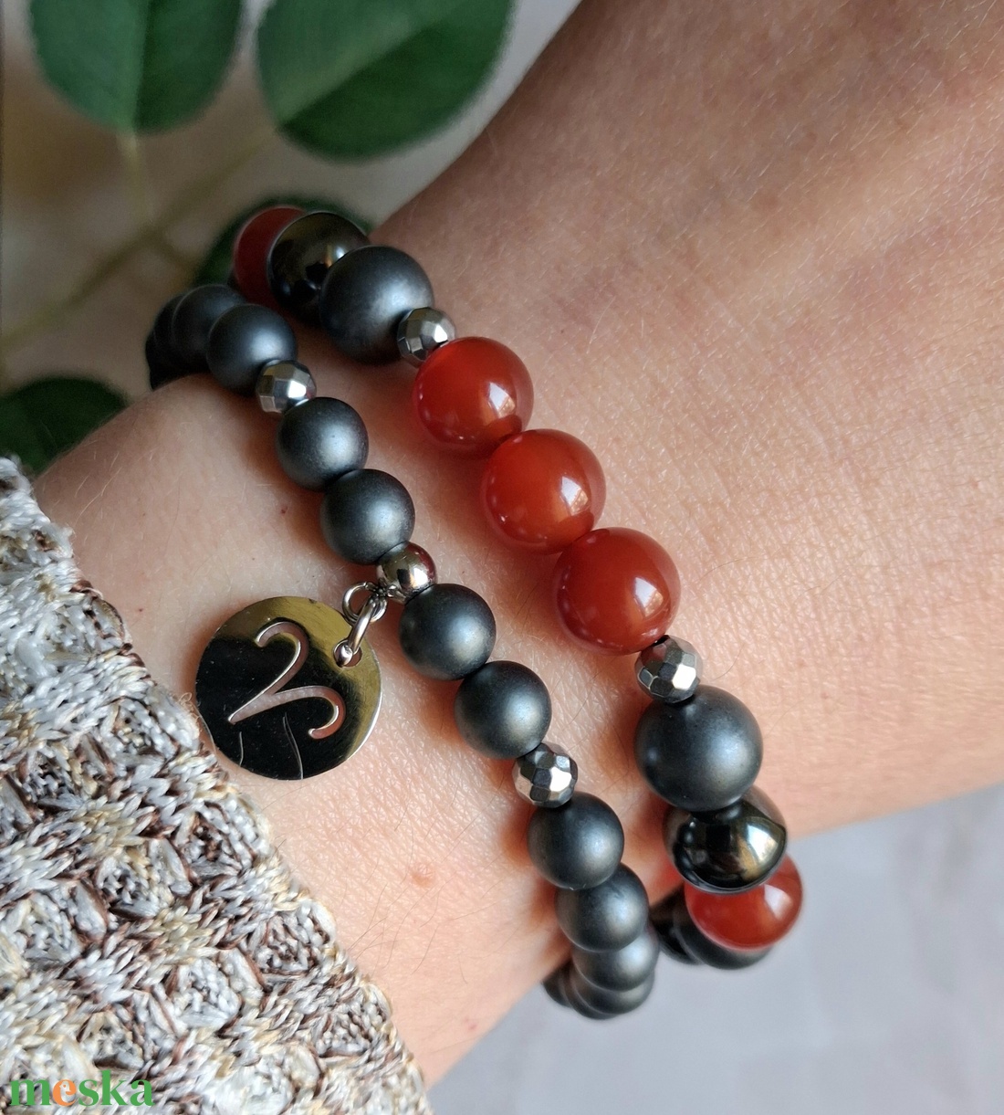 Kos ásvány karkötő szett- vörös karneol, hematit - csillagjegyes ékszer - ékszer - karkötő - ásványkarkötő - Meska.hu