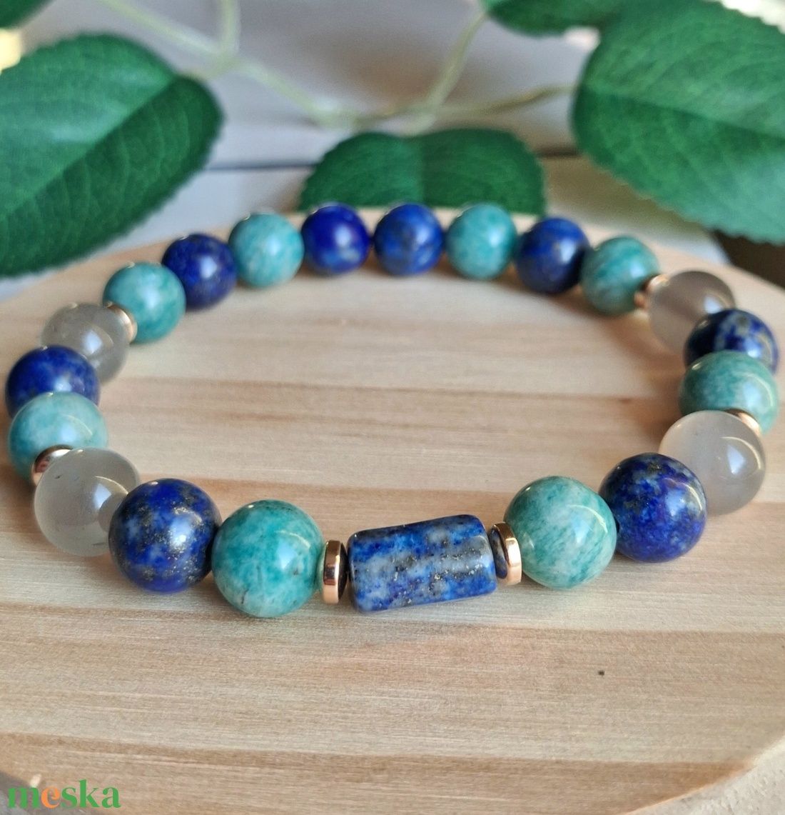 Lapis lazuli és orosz amazonit ásvány karkötő szürke holdkővel és hematittal - ékszer - karkötő - ásványkarkötő - Meska.hu