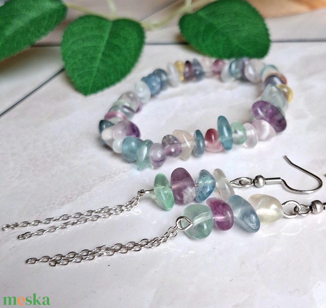 Fluorit ásvány ékszerszett- splitter/chips karkötő és fülbevaló - ékszer - ékszerszett - Meska.hu