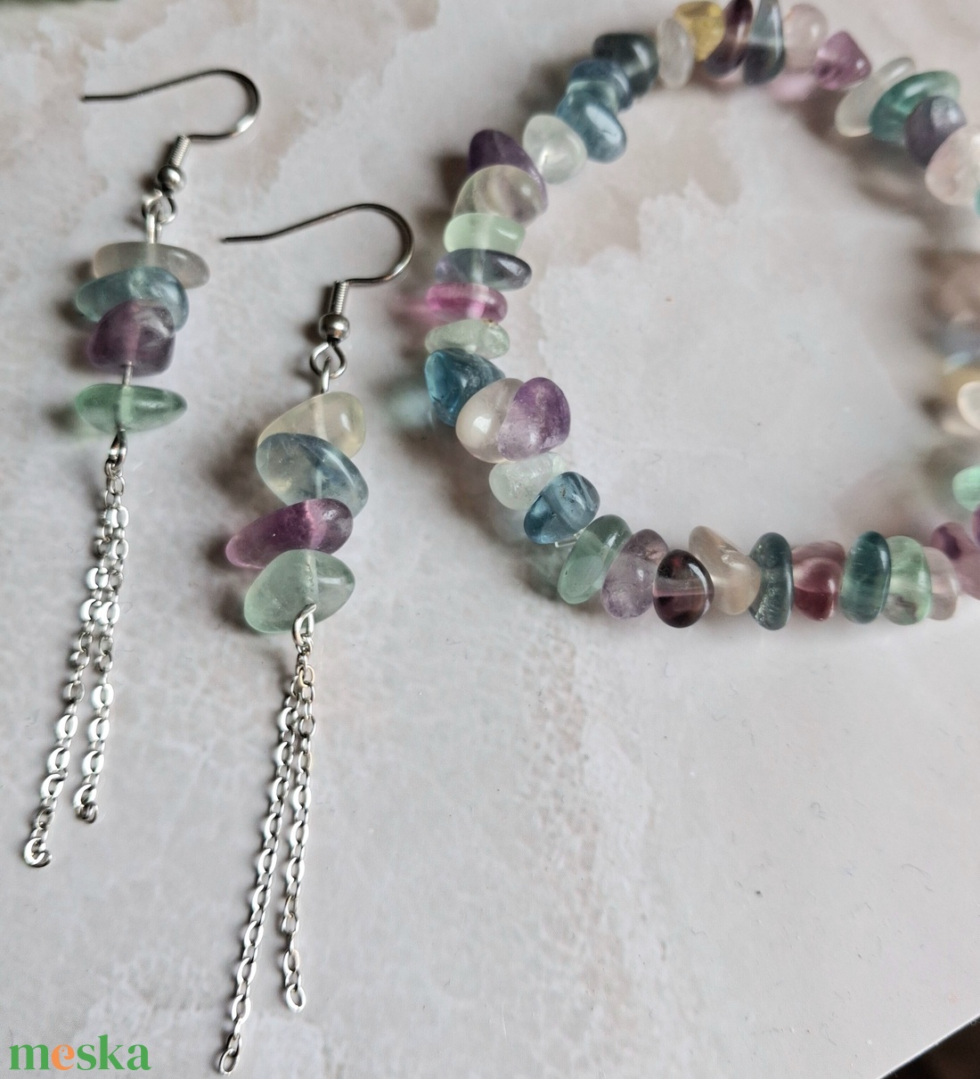 Fluorit ásvány ékszerszett- splitter/chips karkötő és fülbevaló - ékszer - ékszerszett - Meska.hu