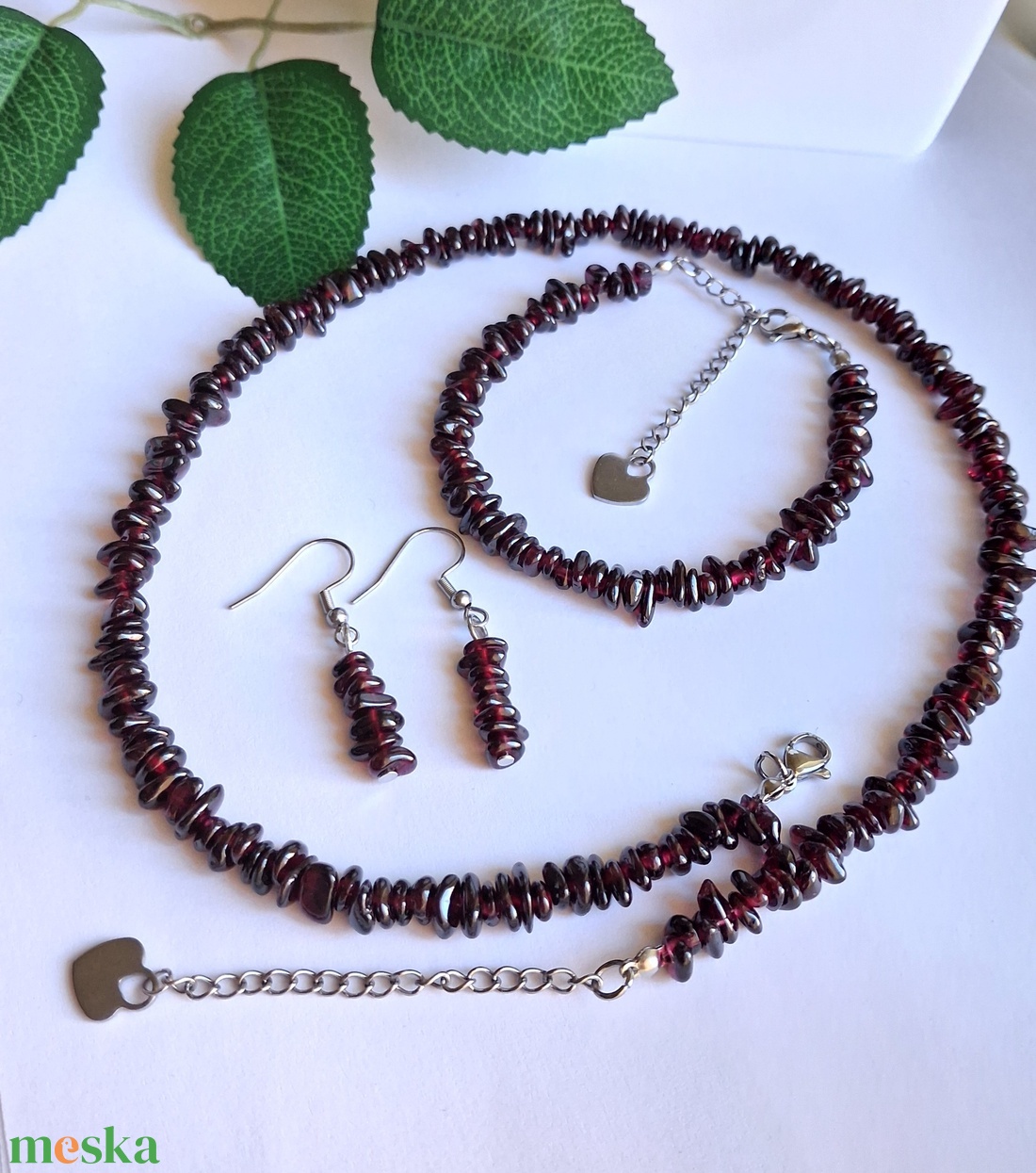 Gránát ásvány ékszer szett � nyaklánc, karkötő és fülbevaló nemesacél szerelékkel - ékszer - ékszerszett - Meska.hu