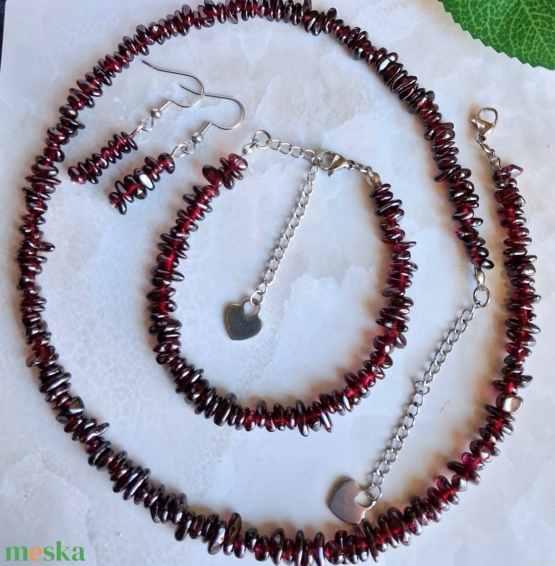 Gránát ásvány ékszer szett � nyaklánc, karkötő és fülbevaló nemesacél szerelékkel - ékszer - ékszerszett - Meska.hu