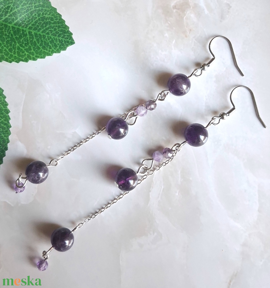 Extra hosszú ametiszt ásvány fülbevaló- légies statement ékszer - ékszer - fülbevaló - lógó fülbevaló - Meska.hu