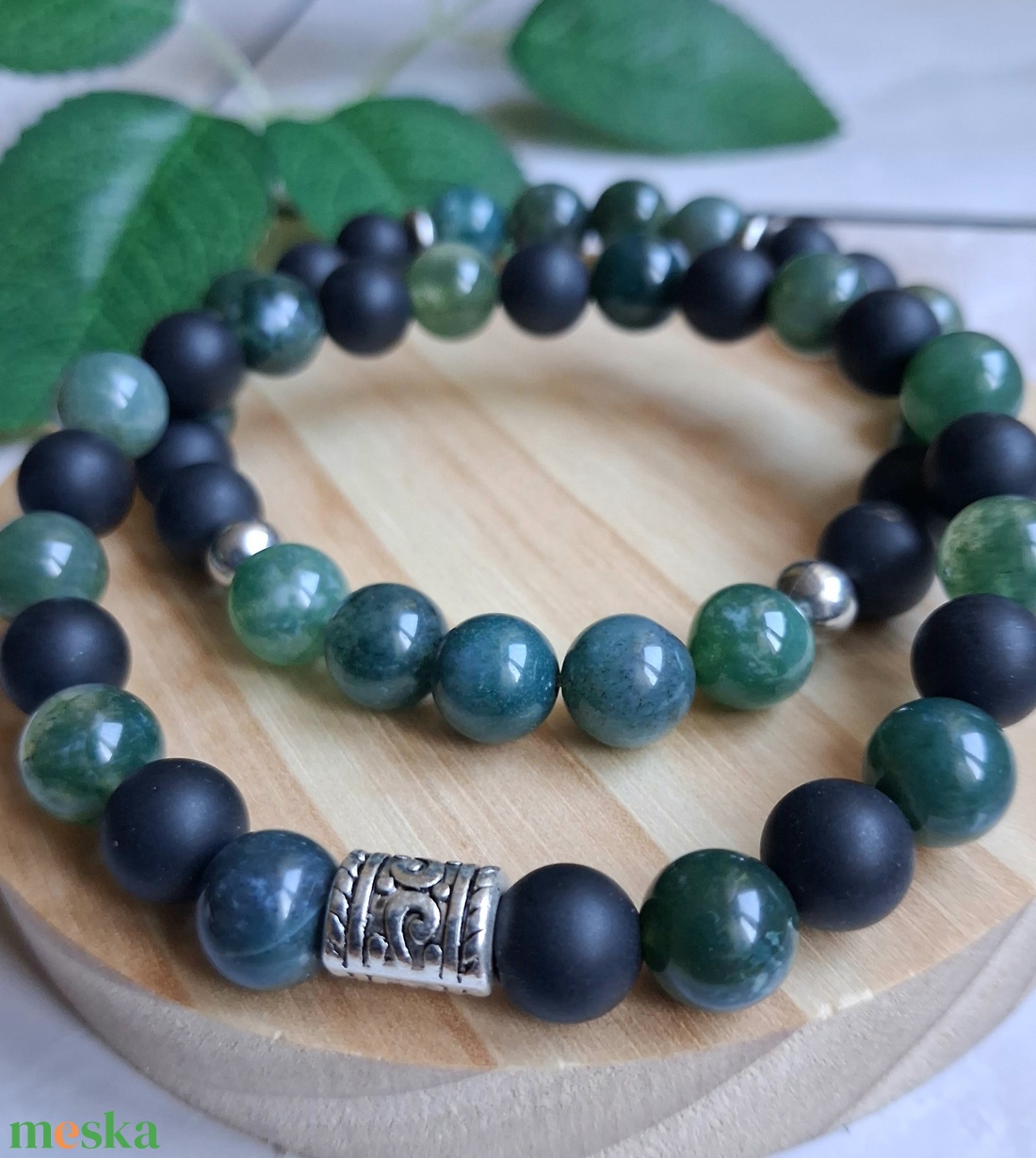 Férfi karkötő szett � moha achát és matt ónix - 2 db-os ásvány karkötő - ékszer - karkötő - ásványkarkötő - Meska.hu