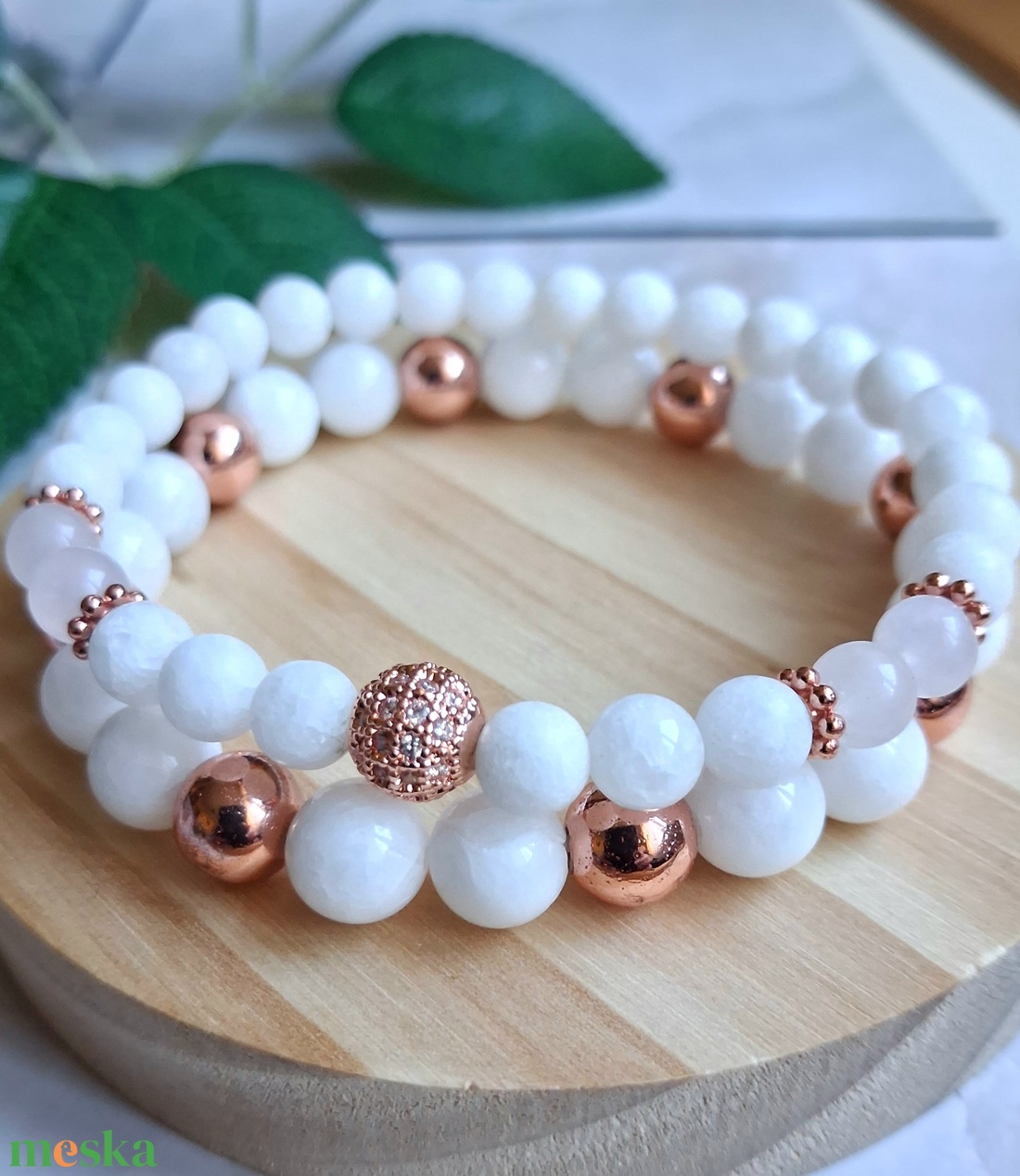 Hófehér jáde és rose gold hematit karkötő szett � elegancia és harmónia - ékszer - karkötő - ásványkarkötő - Meska.hu