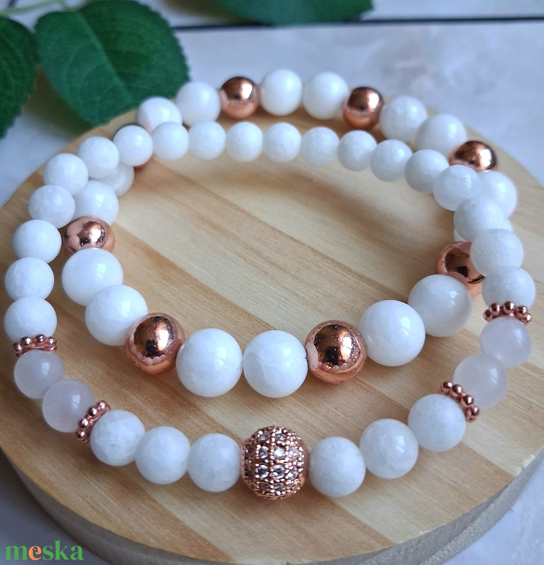 Hófehér jáde és rose gold hematit karkötő szett � elegancia és harmónia - ékszer - karkötő - ásványkarkötő - Meska.hu