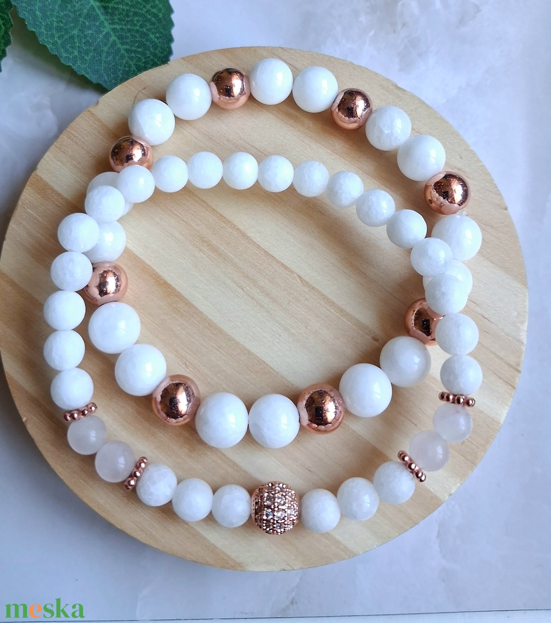 Hófehér jáde és rose gold hematit karkötő szett � elegancia és harmónia - ékszer - karkötő - ásványkarkötő - Meska.hu