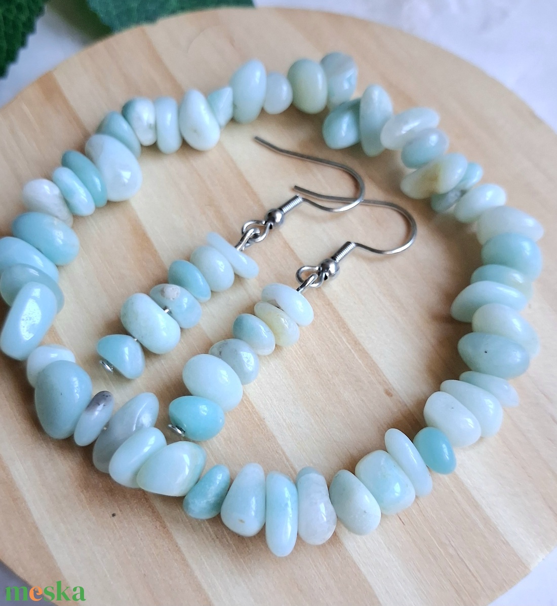Amazonit splitter ásvány karkötő és fülvevaló szett- természetes szemcse/chips forma - ékszer - karkötő - ásványkarkötő - Meska.hu