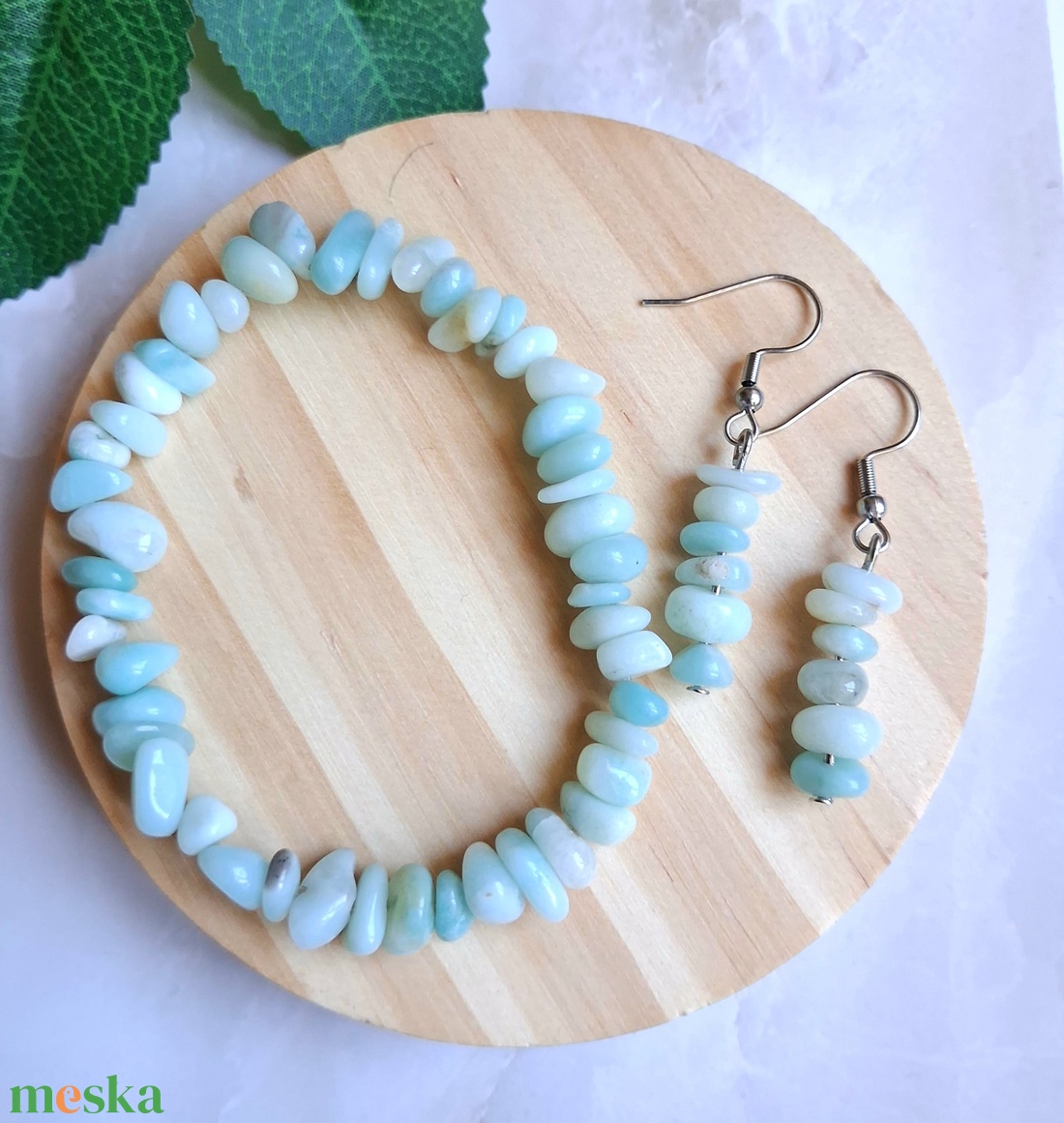 Amazonit splitter ásvány karkötő és fülvevaló szett- természetes szemcse/chips forma - ékszer - karkötő - ásványkarkötő - Meska.hu