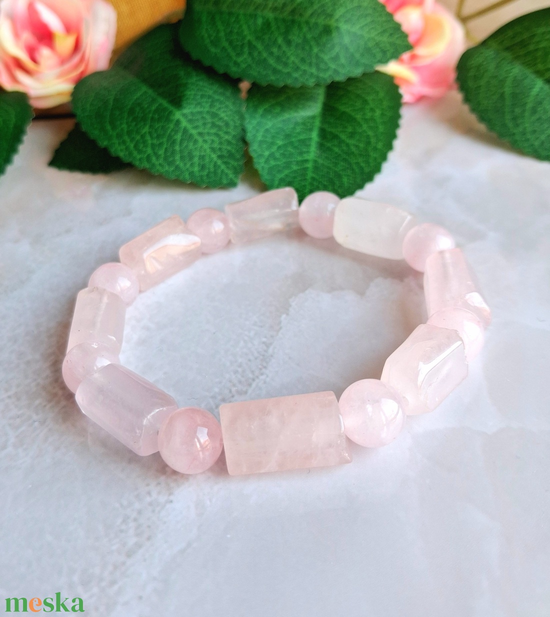 Rózsakvarc hasábos ásvány karkötő vékony csuklóra - ékszer - karkötő - ásványkarkötő - Meska.hu