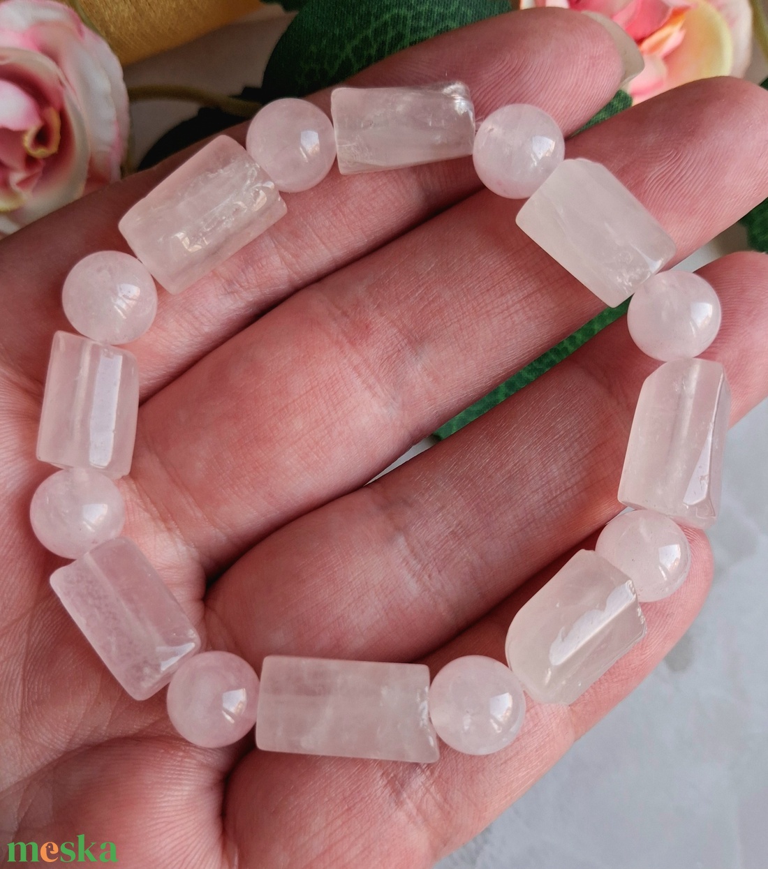 Rózsakvarc hasábos ásvány karkötő vékony csuklóra - ékszer - karkötő - ásványkarkötő - Meska.hu
