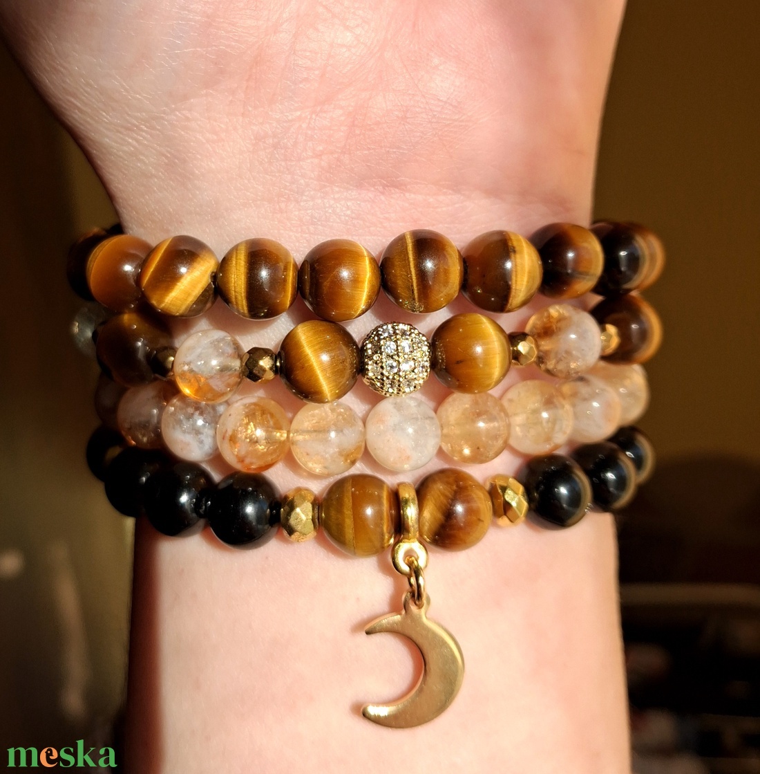 Tigrisszem rétegezhető ásvány karkötő szett citrinnel, fekete turmalinnal és hematittal  - ékszer - karkötő - ásványkarkötő - Meska.hu