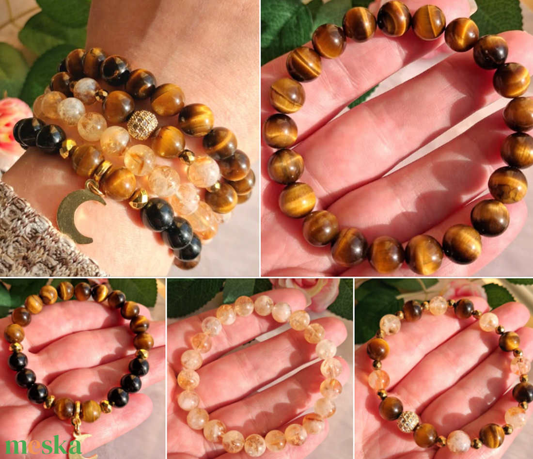 Tigrisszem rétegezhető ásvány karkötő szett citrinnel, fekete turmalinnal és hematittal  - ékszer - karkötő - ásványkarkötő - Meska.hu