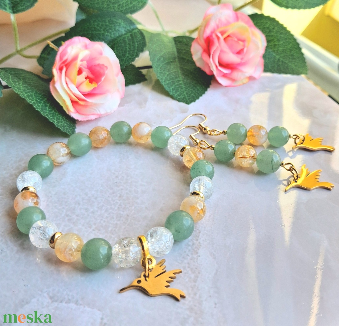 Zöld aventurin és citrin ásvány karkötő és fülbevaló szett kolibri dísszel - szerencse, bőség - ékszer - ékszerszett - Meska.hu