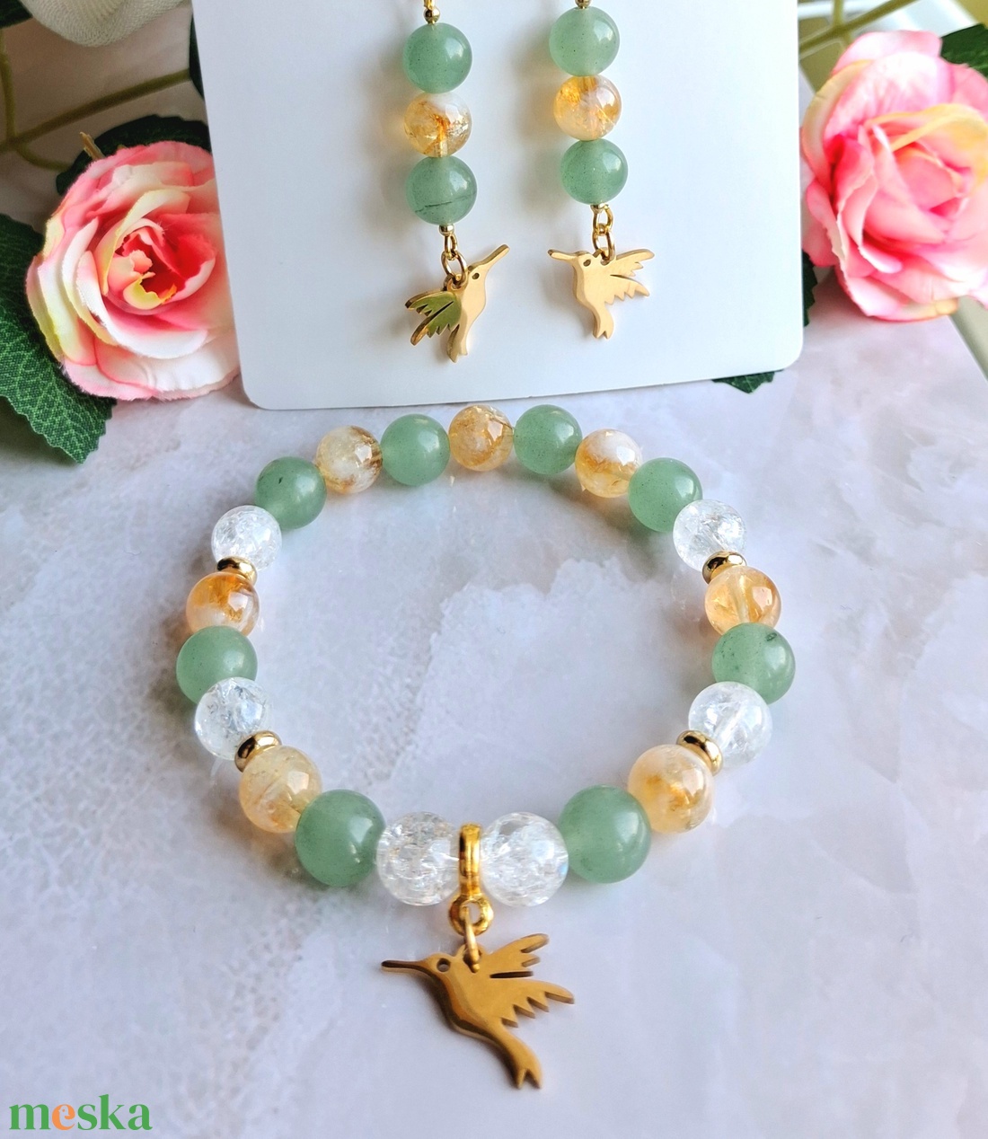 Zöld aventurin és citrin ásvány karkötő és fülbevaló szett kolibri dísszel - szerencse, bőség - ékszer - ékszerszett - Meska.hu