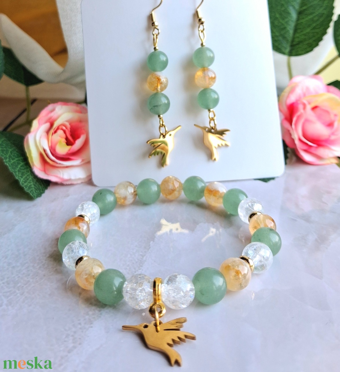 Zöld aventurin és citrin ásvány karkötő és fülbevaló szett kolibri dísszel - szerencse, bőség - ékszer - ékszerszett - Meska.hu