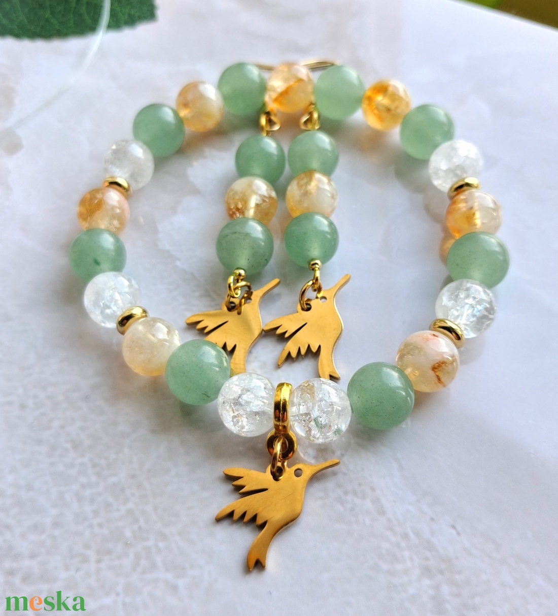 Zöld aventurin és citrin ásvány karkötő és fülbevaló szett kolibri dísszel - szerencse, bőség - ékszer - ékszerszett - Meska.hu
