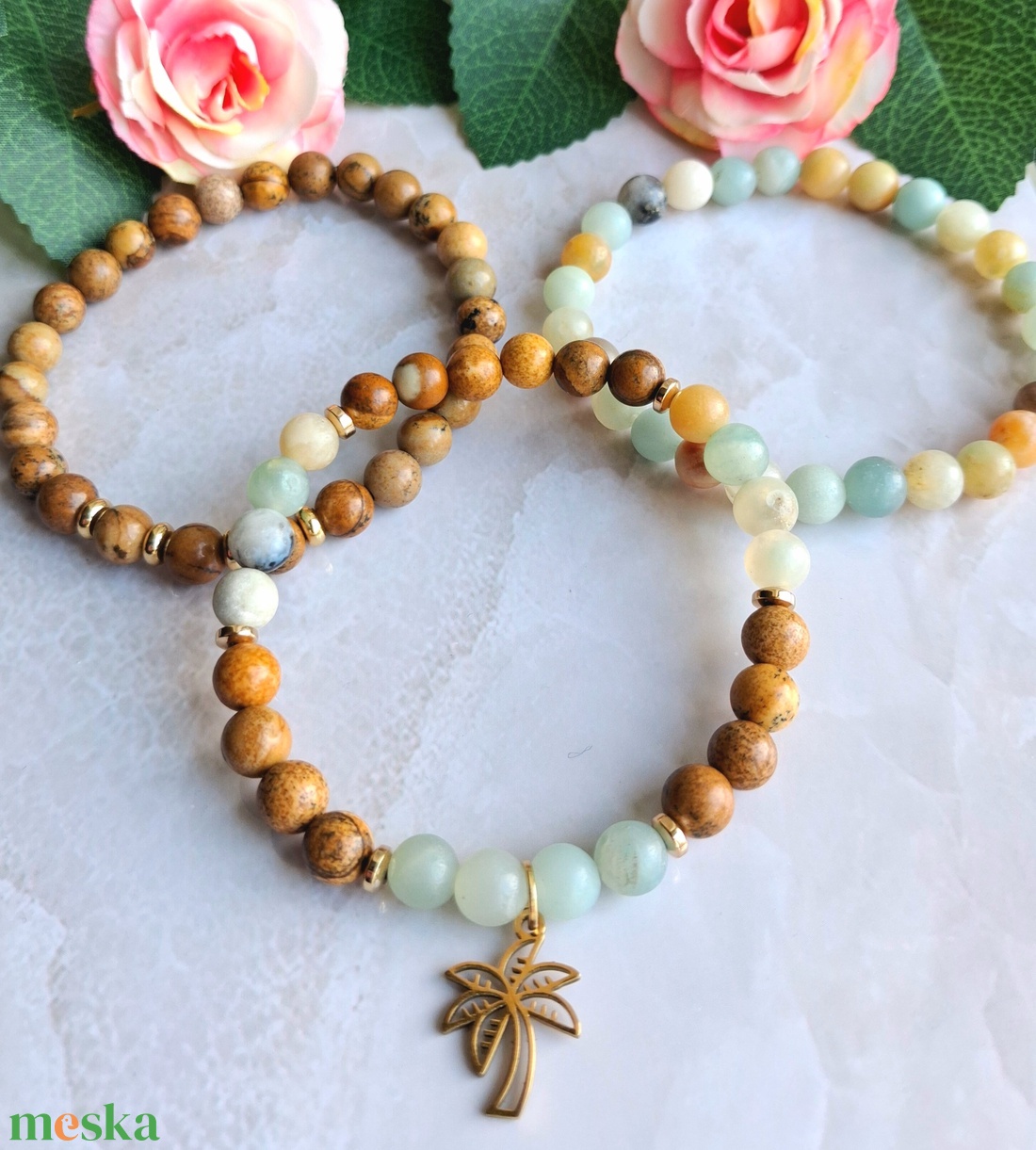 Képjáspis és amazonit 3 darabos ásvány karkötő szett - rétegezhető stílus - 6 mm - ékszer - karkötő - ásványkarkötő - Meska.hu