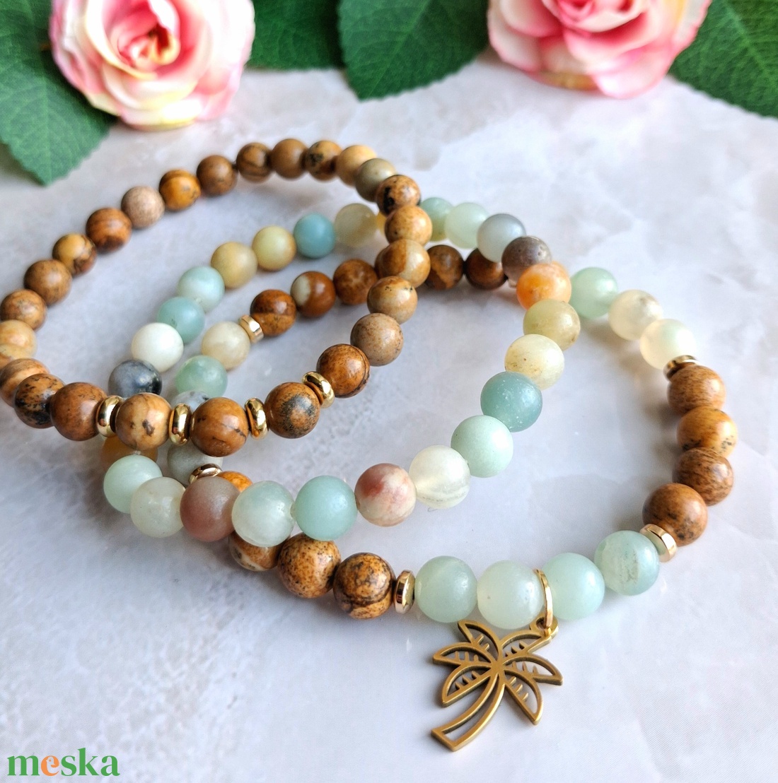 Képjáspis és amazonit 3 darabos ásvány karkötő szett - rétegezhető stílus - 6 mm - ékszer - karkötő - ásványkarkötő - Meska.hu