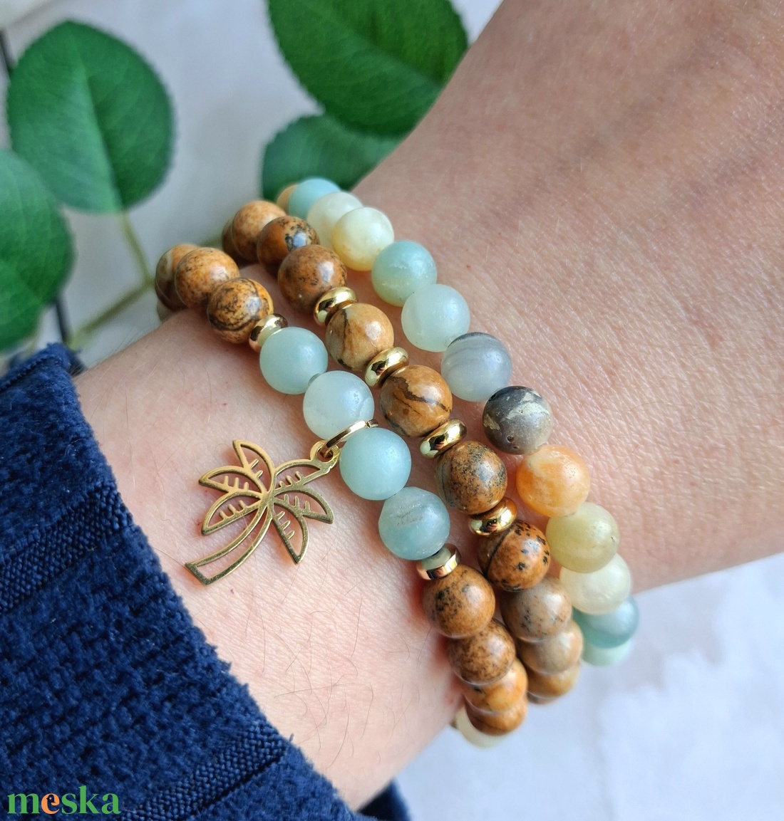 Képjáspis és amazonit 3 darabos ásvány karkötő szett - rétegezhető stílus - 6 mm - ékszer - karkötő - ásványkarkötő - Meska.hu