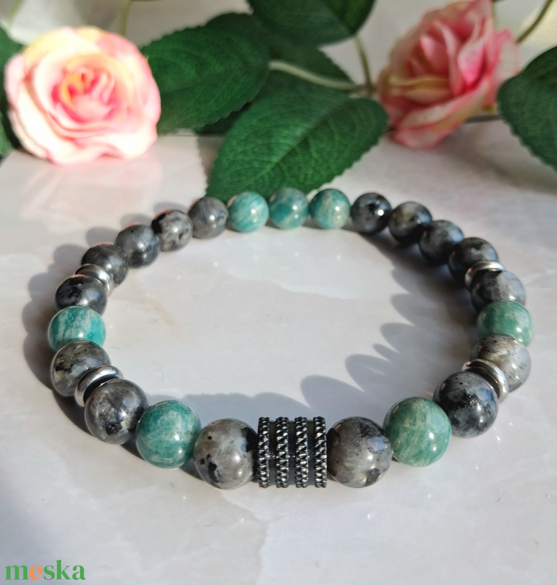 Lavikit és amazonit férfi ásvány karkötő nemesacél kiegészítőkkel - ékszer - karkötő - ásványkarkötő - Meska.hu