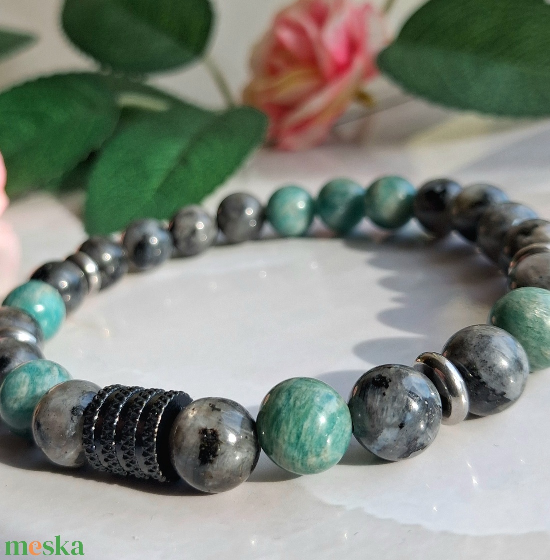 Lavikit és amazonit férfi ásvány karkötő nemesacél kiegészítőkkel - ékszer - karkötő - ásványkarkötő - Meska.hu