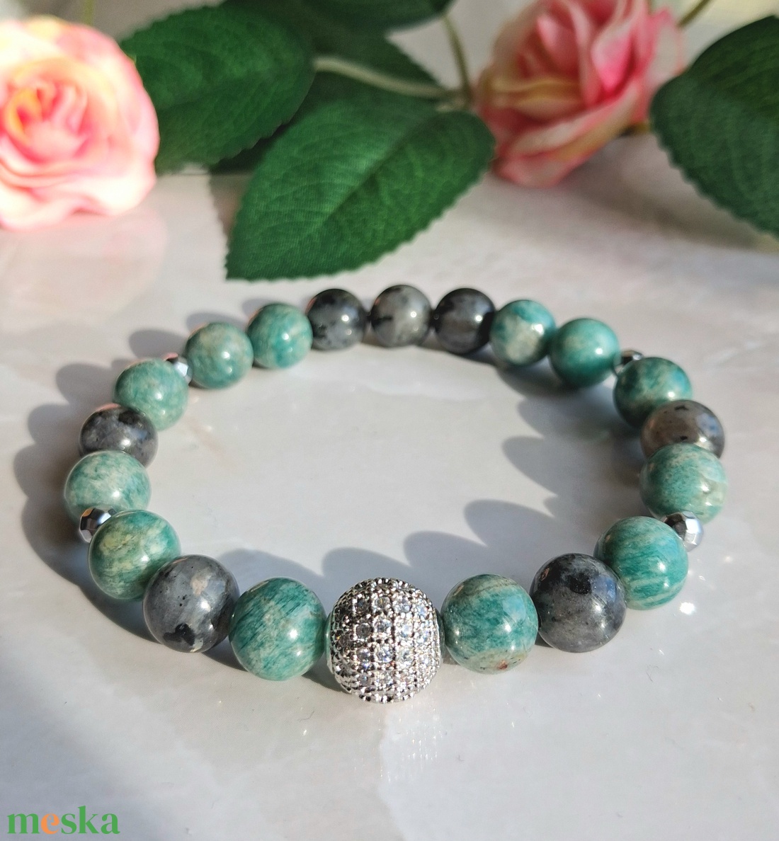 Larvikit és amazonit női ásvány karkötő cirkóniás gömbbel és hematittal - ékszer - karkötő - ásványkarkötő - Meska.hu